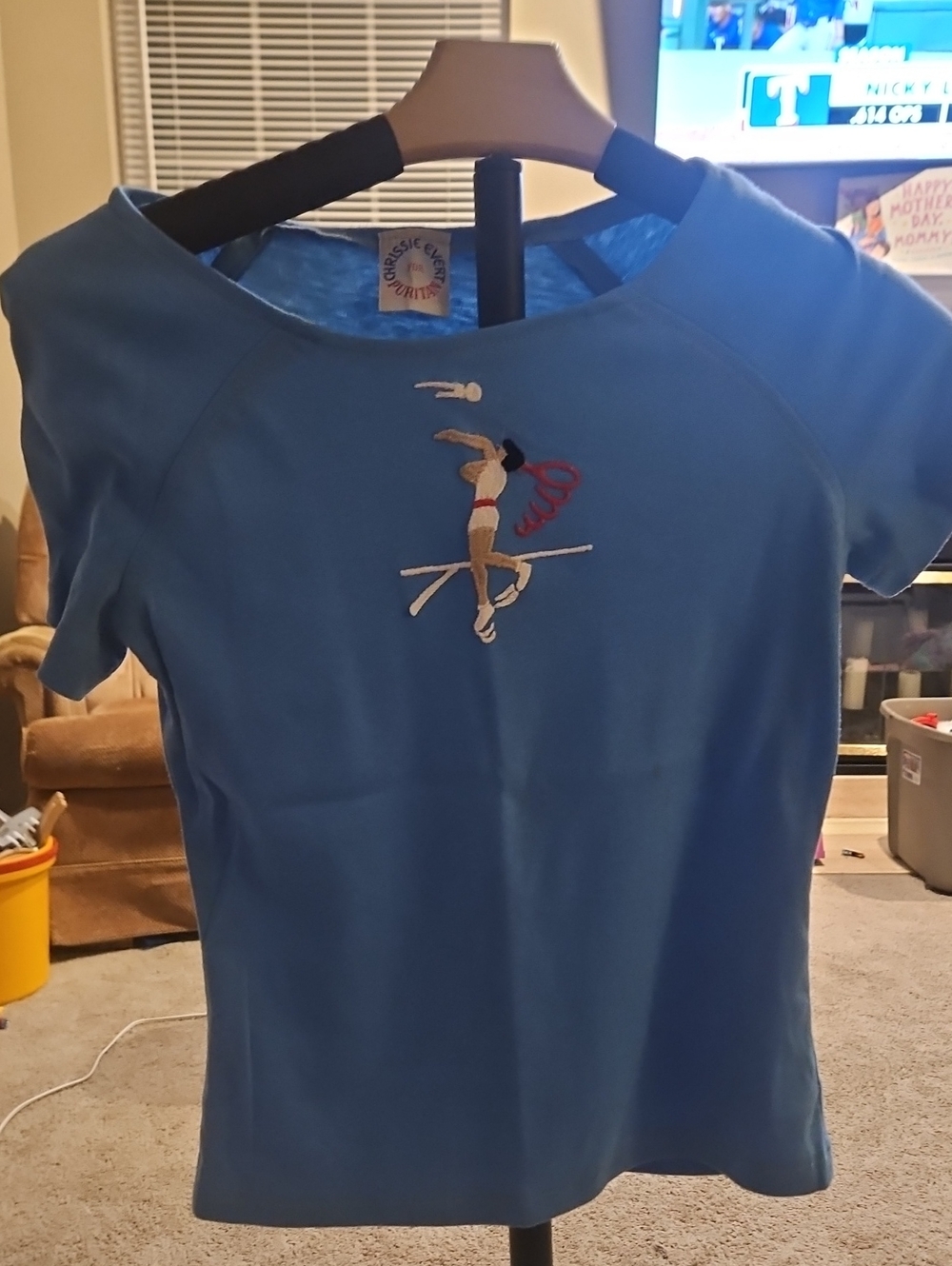 Classic Blue Short Sleeve Tee with Embroidered Gymnast Motif